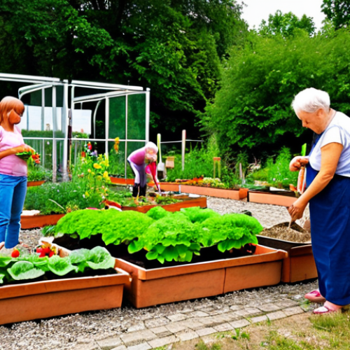 ** A vibrant community garden scene in Poland. People of different ages are working together, planting vegetables and flowers. Focus on the joyful atmosphere and intergenerational connection. Include elements typical of Polish gardens and architecture.

**